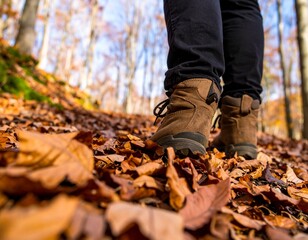 Fototapeta premium Hiking Boots on Autumn Forest Path
