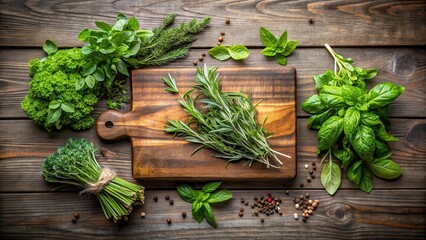 Fresh herbs arranged on a wooden cutting board in top view display
