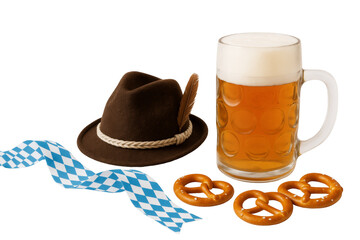 Bavarian festive scene featuring beer stein, pretzel, traditional hat, and decorative ribbon against clean transparent background, embodying oktoberfest spirit