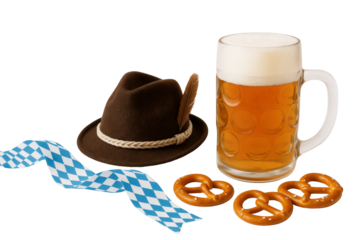 Bavarian festive scene featuring beer stein, pretzel, traditional hat, and decorative ribbon against clean transparent background, embodying oktoberfest spirit