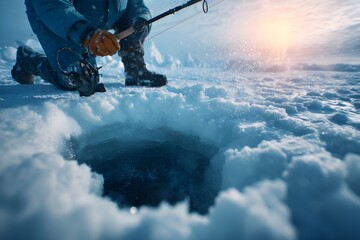 Fisherman with rod enjoying peaceful fishing on calm lake during sunny day in nature background. Tranquil fishing scene with fisherman waiting for catch. Sea fishing. River fishing.