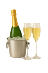 Chilled champagne bottle nestled in silver ice bucket, accompanied by two filled sparkling glasses against transparent background, highlighting festive elegance