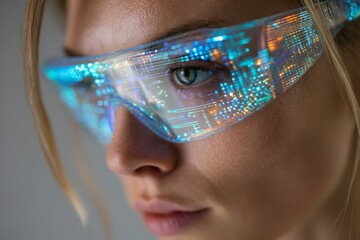 Close-up of woman wearing futuristic transparent glasses with glowing holographic projections in high-tech lab