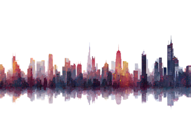 A futuristic city skyline with a transparent background, in the style of a PNG image 