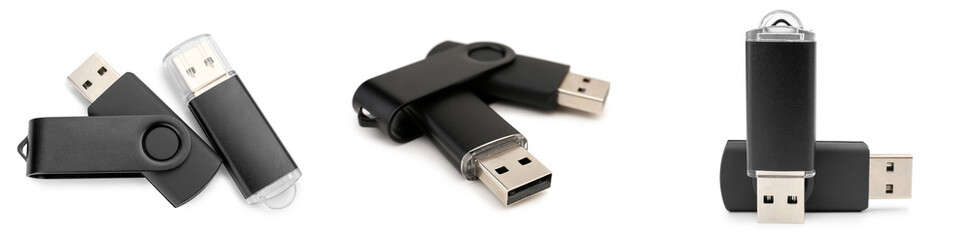 Collage of black flash drivers on white background