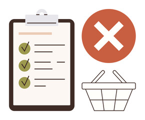 Obraz premium Clipboard with completed checklist, red cross symbol, and shopping basket. Ideal for task completion, shopping, rejection, decision-making, productivity error prevention and planning. A simple flat
