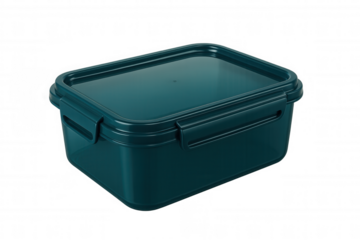 Closed turquoise plastic food container isolated on transparent background, perfect for storing or transporting food