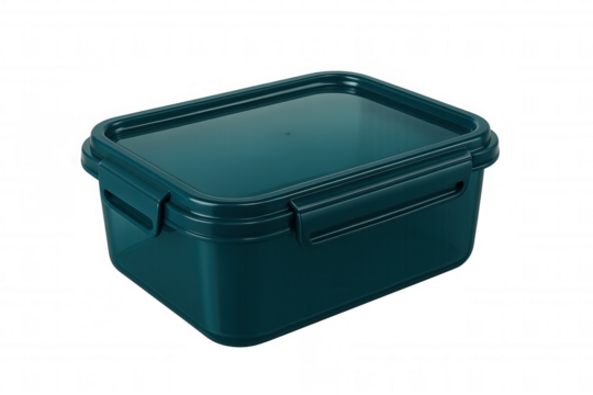 Closed turquoise plastic food container isolated on transparent background, perfect for storing or transporting food