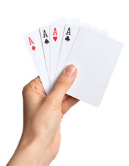 Four aces held in hand, a winning poker hand symbolizing luck, strategy, and victory in games.