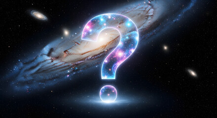 A glowing question mark filled with cosmic imagery against a galaxy backdrop, representing mystery.