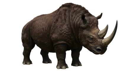 Fototapeta premium Extinct woolly rhinoceros with detailed fur and horn, isolated on white background.