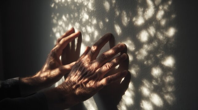 Focused medium shot of hands tracing shadow patterns on a wall illuminated by a single directional light source emphasizing interplay of light and form.