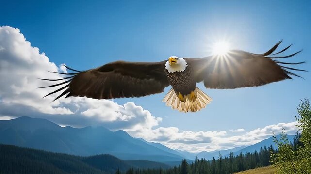 Bald Eagle soaring over a majestic mountain landscape.	