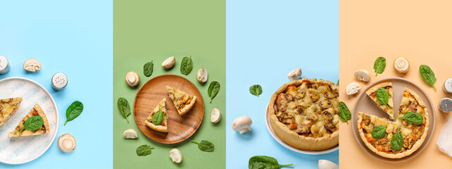 Collage of tasty mushroom pies on color background