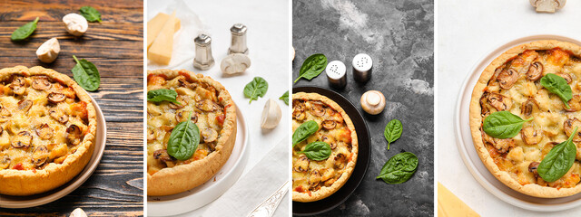 Collage of tasty mushroom pies on color background