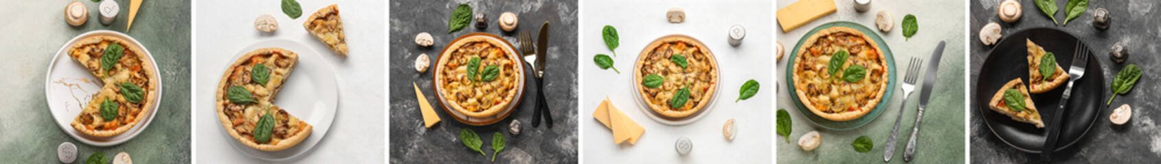 Collage of tasty mushroom pies on color background, top view