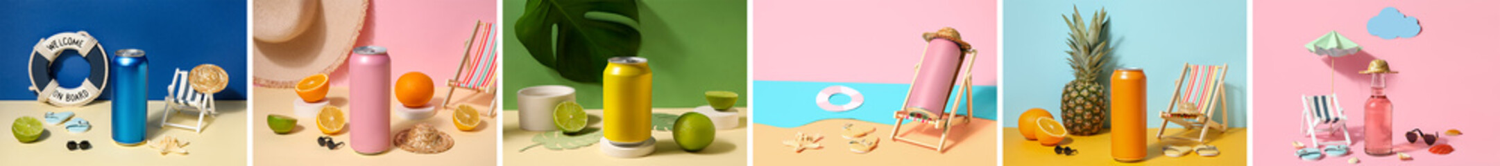 Set of soda drinks with beach accessories and fruits on color background