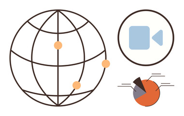 Globe with highlighted points, camera icon, and pie chart representing digital communication, media sharing, data analysis, globalization, networking, technology and insights. Ideal