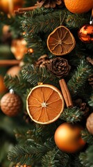 Decorative elements like dried orange slices, pine cones, and ornaments bring a warm, festive charm to this captivating Christmas tree, perfect for holiday-themed projects and inspiration.