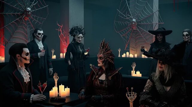 People in Halloween or vampire costumes sit at a table, chatting and drinking cocktails. A group of people in vampire costumes and gothic looks gather at a party decorated with cobwebs and candles.