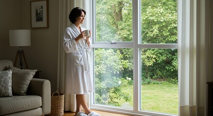 Morning Contemplation: A serene woman, draped in a comfortable robe, pauses with a warm cup in her hands, gazing thoughtfully through a bright window at the serene outdoor scenery.