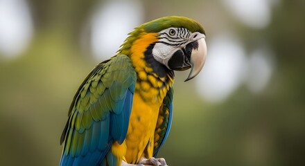 Fototapeta premium Close up shot of a vibrant blue and gold macaw perched against a blurred natural background