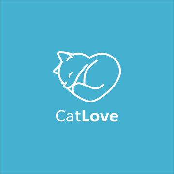 Cat Love Logo Design &ndash; Cute Sleeping Cat in Heart Shape Symbol for Pet Branding