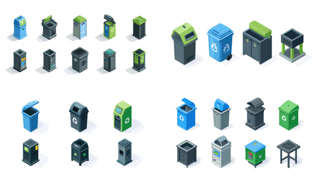 Isometric vector illustration set of trash bins and recycling containers in different styles. Perfect for eco, waste management, or environmental awareness design concepts.