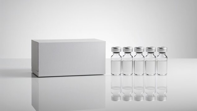 Five transparent glass vials with silver caps next to a plain white box on a reflective surface
