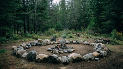 Fototapeta premium Forest campfire circle of rocks
