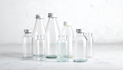 Empty glass bottles and vials arranged on a light surface