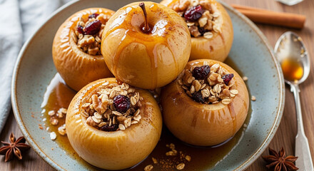 A plate of baked apples with oatmeal, nuts, cranberries, and maple syrup drizzle