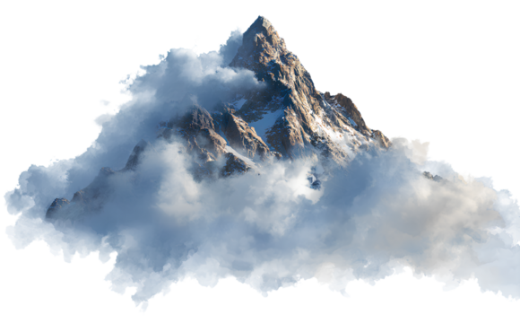  A snow-covered mountain peak emerging from clouds, isolated on a transparent background.