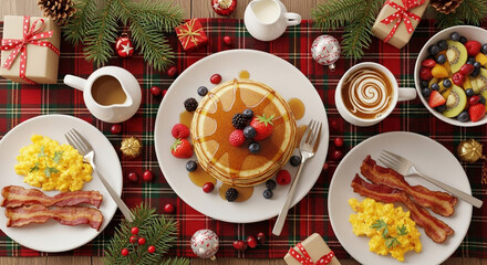 Festive breakfast table setting with pancakes, bacon, eggs and fruit salad