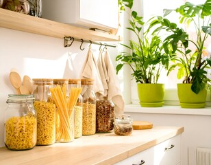 Bright kitchen pantry organized with glass jars of pasta grains and fresh green plants by the window