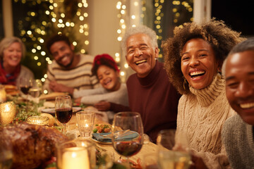 A diverse group of family members laughing heartily around a brightly lit dining table during a festive holiday meal.