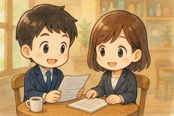 カフェで打ち合わせするビジネスマンとビジネスウーマン