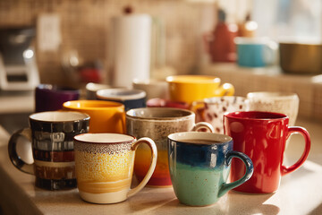 A collection of mismatched coffee mugs on a kitchen counter, suggesting a cozy morning gathering of various family members.