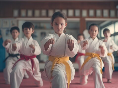 A focused young girl with a yellow belt leads a diverse group of children practicing a basic stance in a taekwondo or karate class