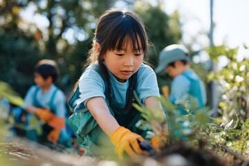 A focused young Asian girl in work gloves learns about nature while planting in a school garden with other students on a sunny day