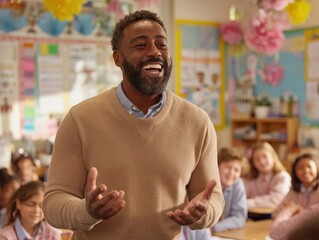An enthusiastic, bearded African American male teacher smiles and gestures while leading a lesson in a vibrant, cheerful elementary classroom