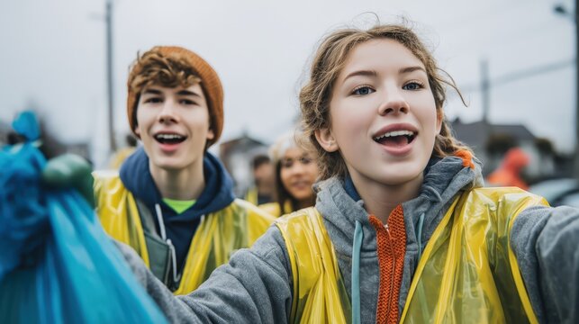 Enthusiastic young volunteers, a girl and boy in front, wear raincoats and collect trash for a community cleanup, looking happy and engaged - Powered by Adobe