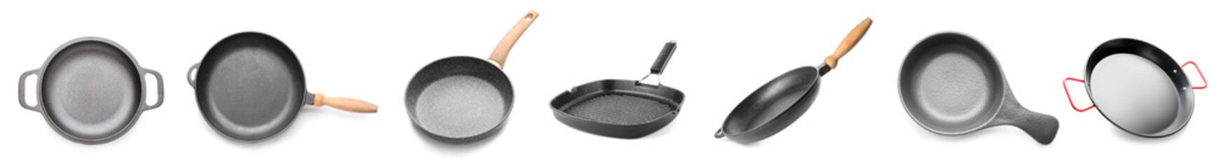 Collage of frying pans on white background