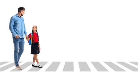 Little schoolgirl and her father on pedestrian crosswalk against white background