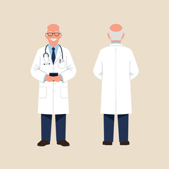 Elderly Male Doctor Character Illustration, Front and Back View. Senior Physician in Lab Coat with Stethoscope and Smartphone.