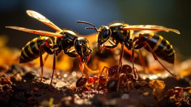 Intricate insect world featuring european wasp and ants interacting in nature close up