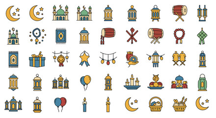 Unique Eid al-Fitr Vector Icons Set Flat Outline Silhouette Geometric and Cartoon Styles