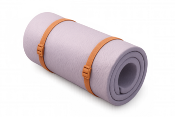 Rolled up purple camping mat secured with orange straps, isolated on a transparent background, ready for outdoor adventures