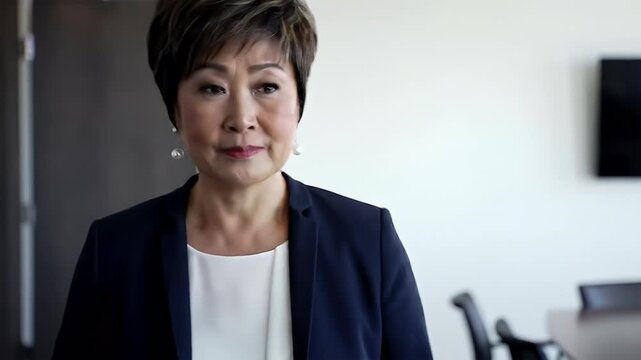 A confident mature Asian woman in a dark blazer and white blouse stands in a modern office environment.