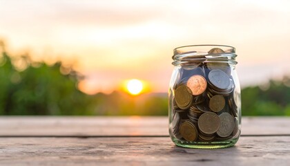 Coins in a glass jar at sunset